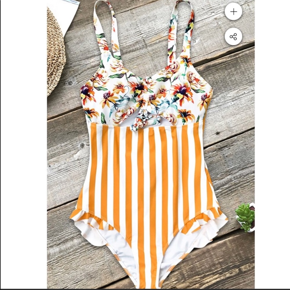 Floral Orange & White Striped One-Piece Medium